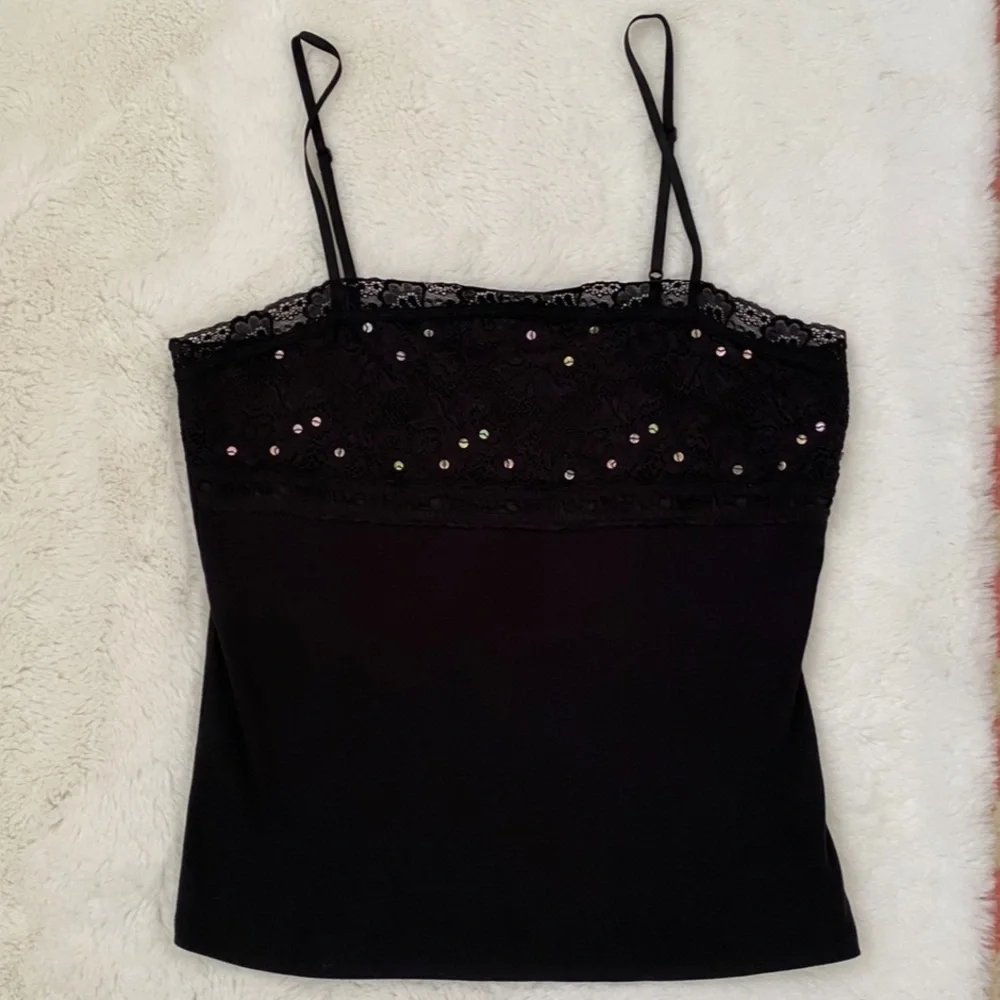 Y2K Black Lace Sequin Cami | Style & Co Stretchy Tank Top - Picture 9 of 9
